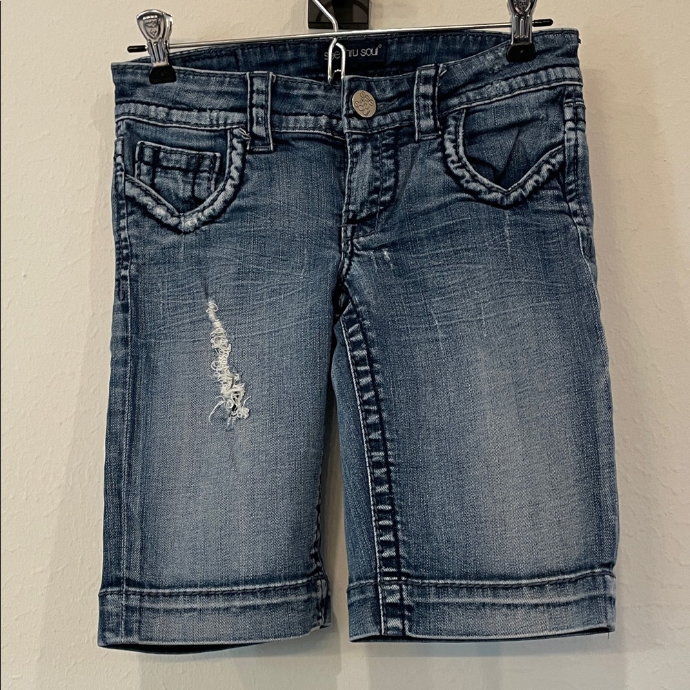 See Thru Soul Dark Blue Distressed Denim Shorts